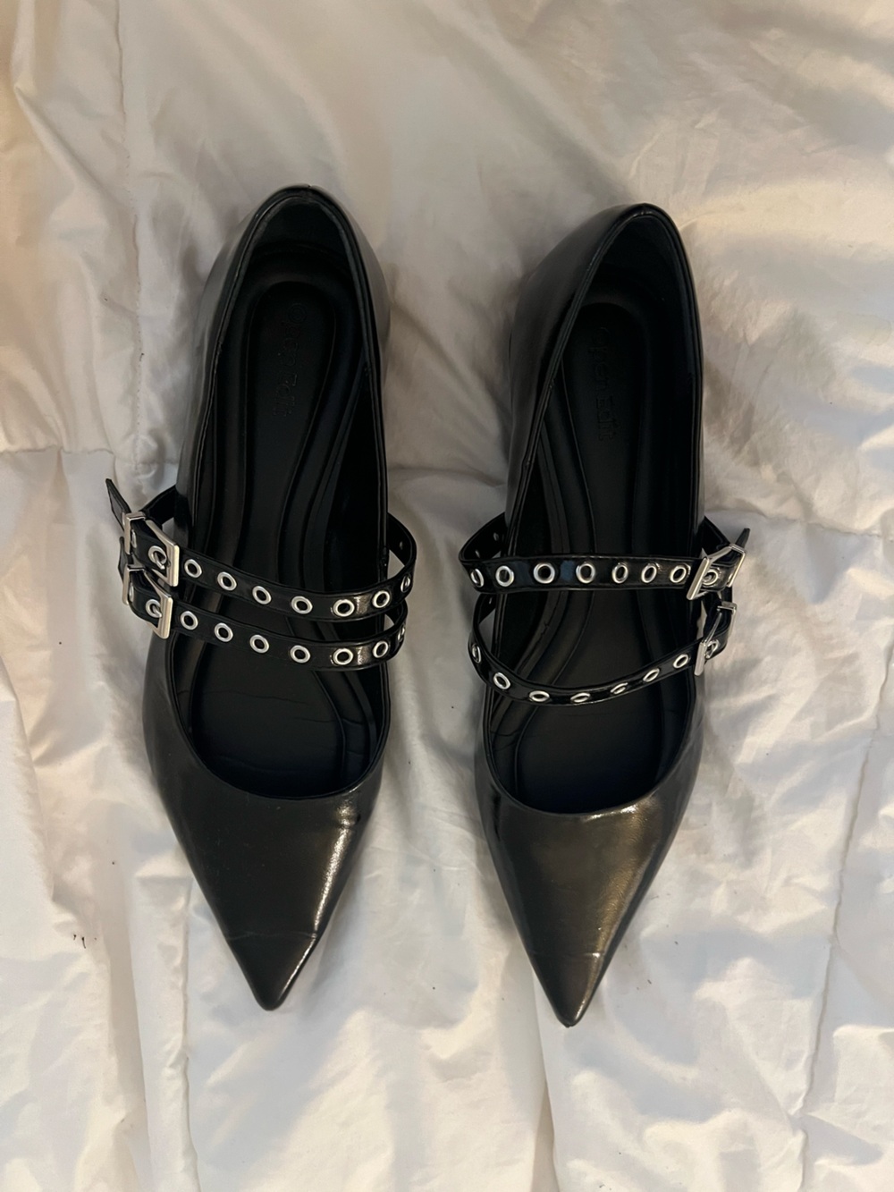 Black Pointed Mary Jane Flats with Double Grommet Straps